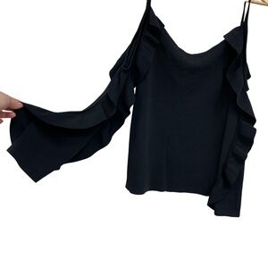 Club Monaco Lesley Black Cold Shoulder Long Ruffle Sleeves Blouse Top Size Large